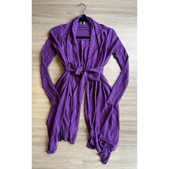 BCBGMAXAZRIA Silk Cashmere Belted Cardigan Purple M/L High-Low Hem Open Front - Picture 1 of 4